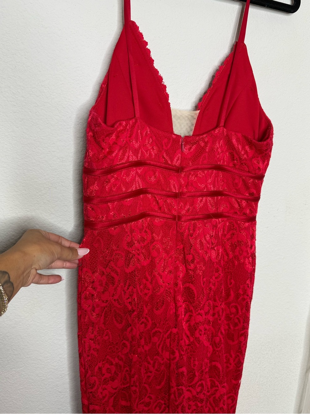 Betsy & Adam Red Lace Plunge Halter Prom Gown - Picture 6 of 7